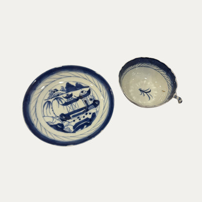Antique Canton 19th Century Blue/White Pagoda & Landscape Cup and Saucer