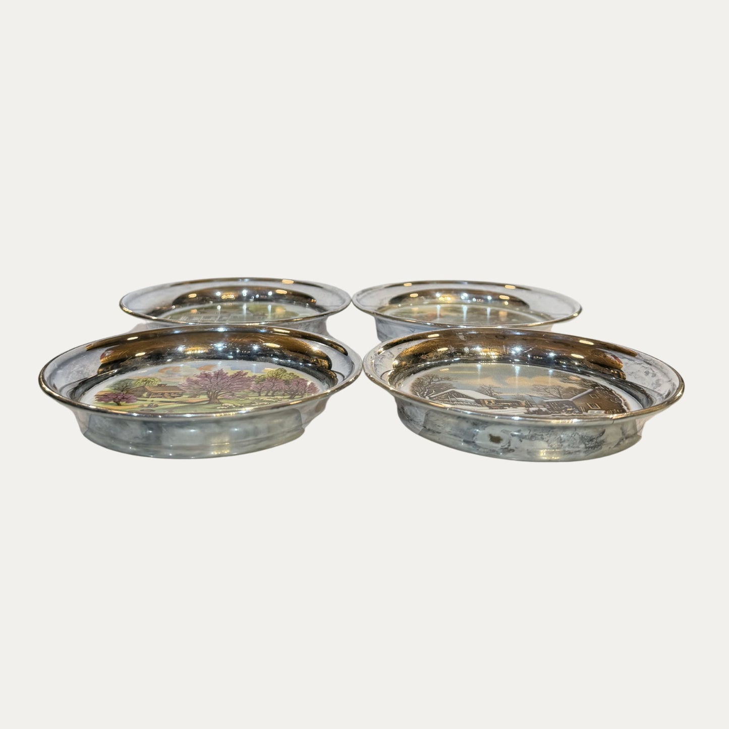 Colonial Couple Royal Family Sterling and Porcelain Set of Four (4) Currier and Ives Seasonal Coasters