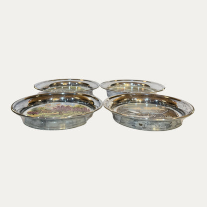 Colonial Couple Royal Family Sterling and Porcelain Set of Four (4) Currier and Ives Seasonal Coasters