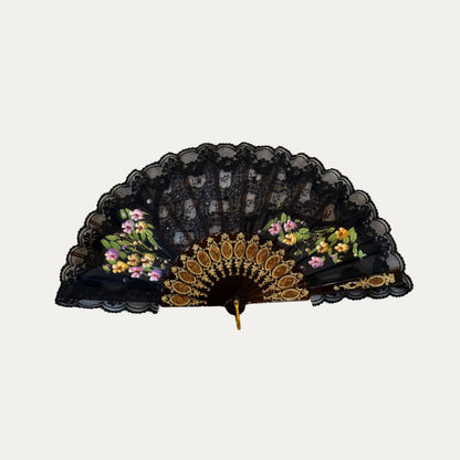 Vintage Balck Hand Painted Silk and Lace Hand Fan