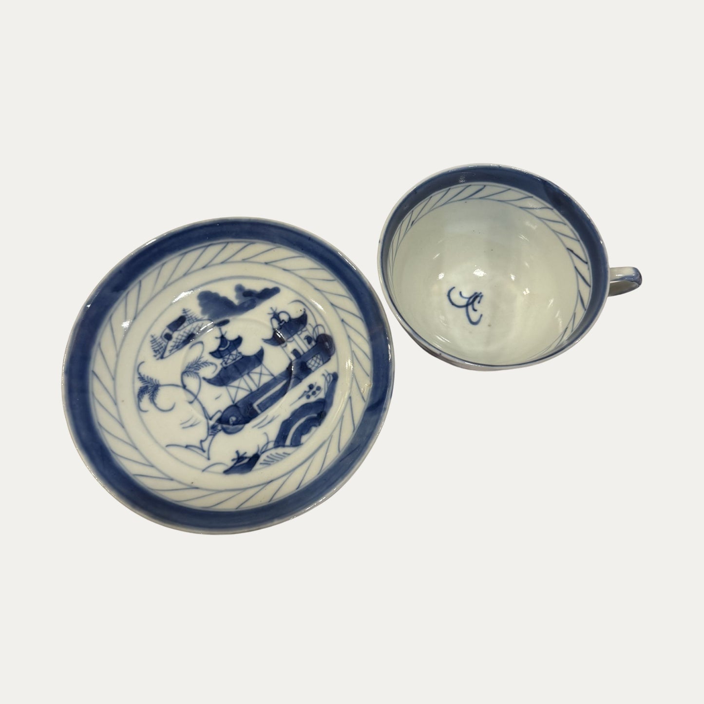 Antique Canton 19th Century Blue/White Pagoda & Landscape Cup and Saucer