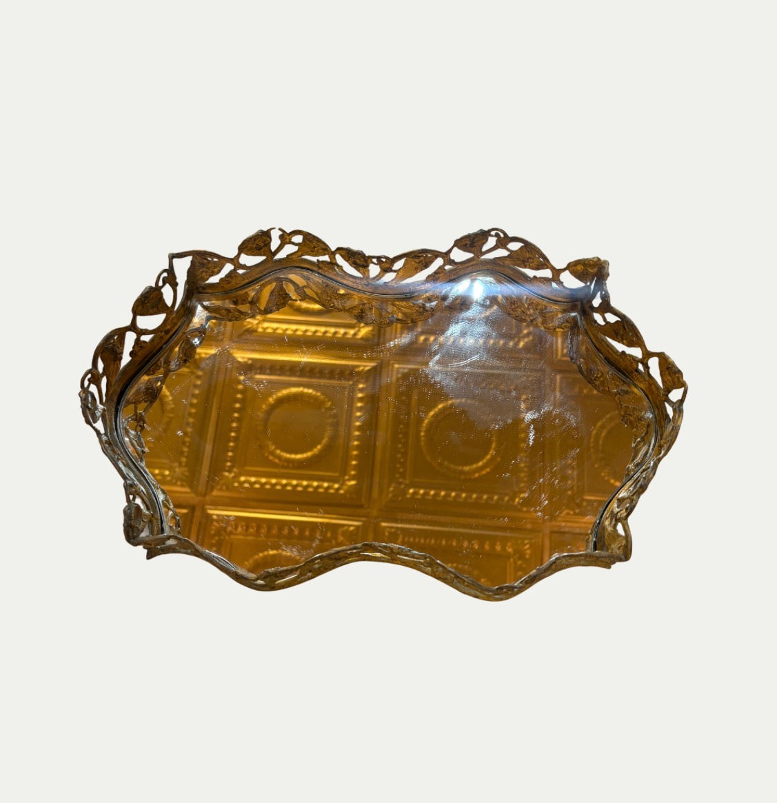 Antique Gold Filigree Rococo Mirrored Dressing Tray