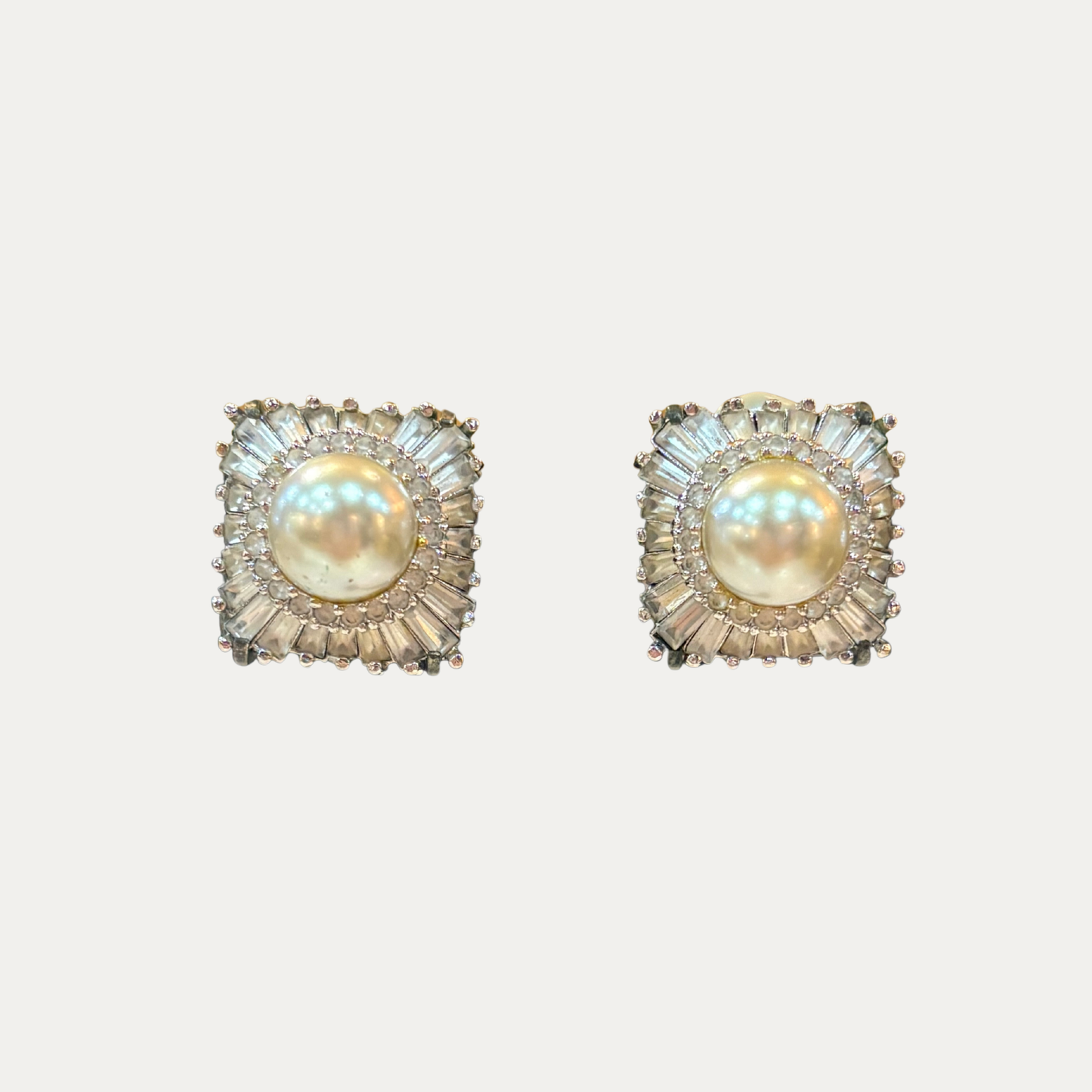Vintage 1980s Square Pearl and Rhinestone Clip Earrings
