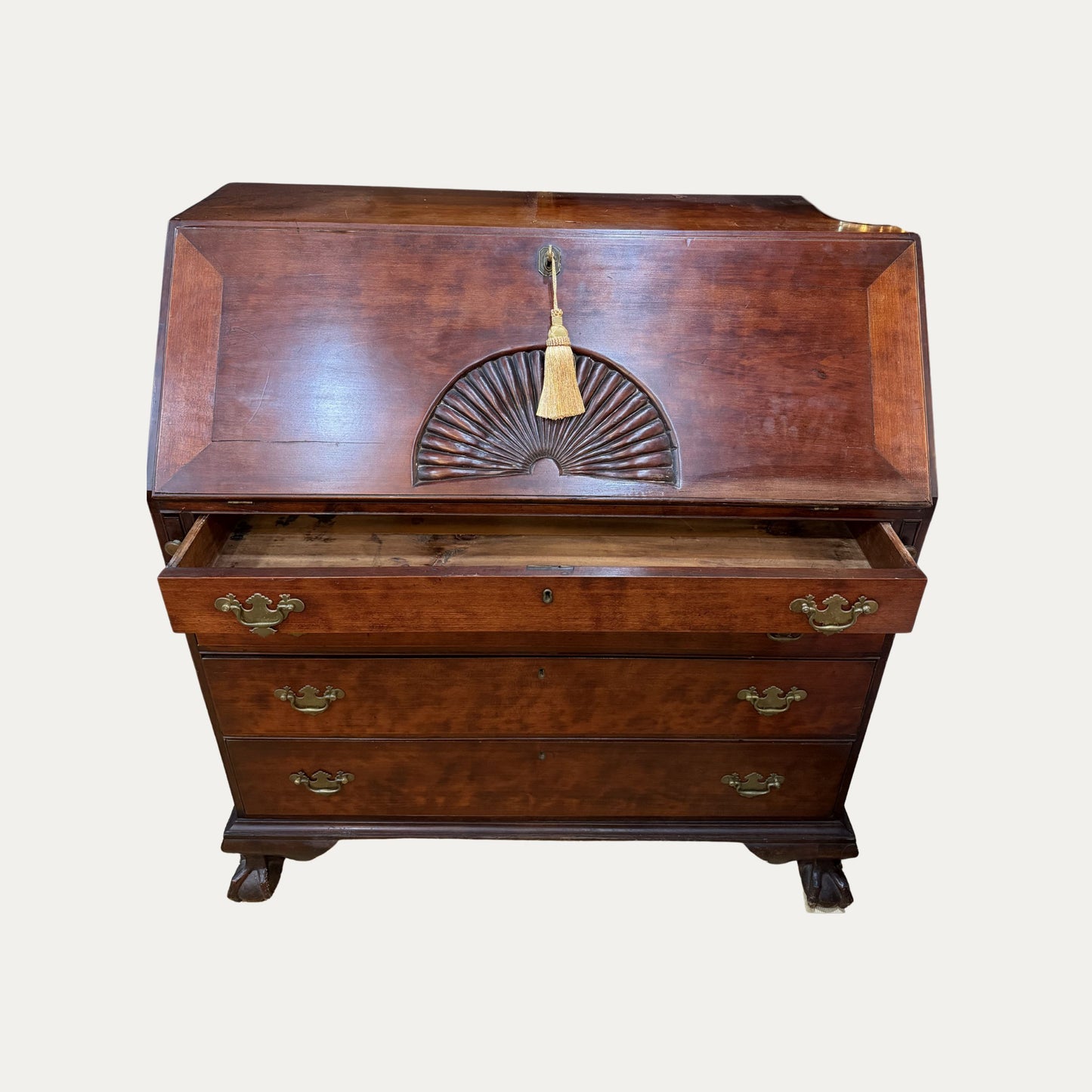 Early 19th Century 1810 Chippendale Style Slant Top Desk Carved Fan and Ball and Claw Feet
