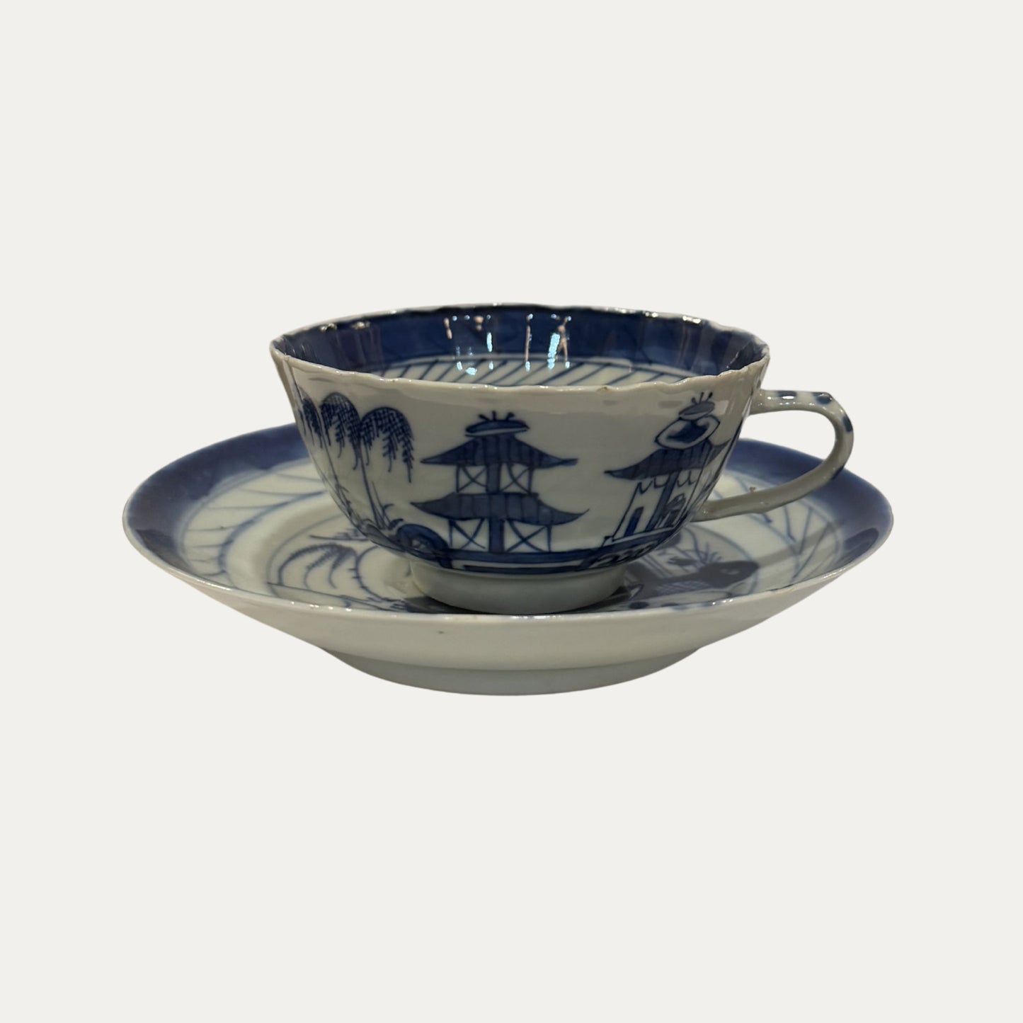 Antique Canton 19th Century Blue/White Pagoda & Landscape Cup and Saucer
