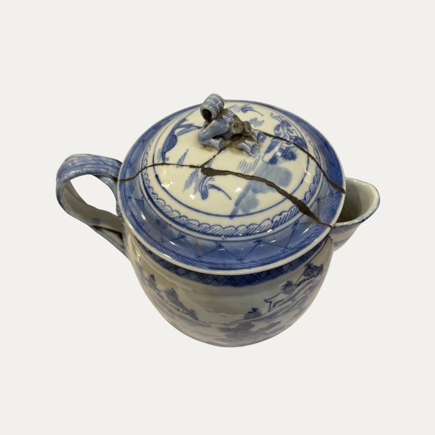 Antique Canton 19th Century Blue/White Pagoda & Landscape Pitcher/Vase with Lid