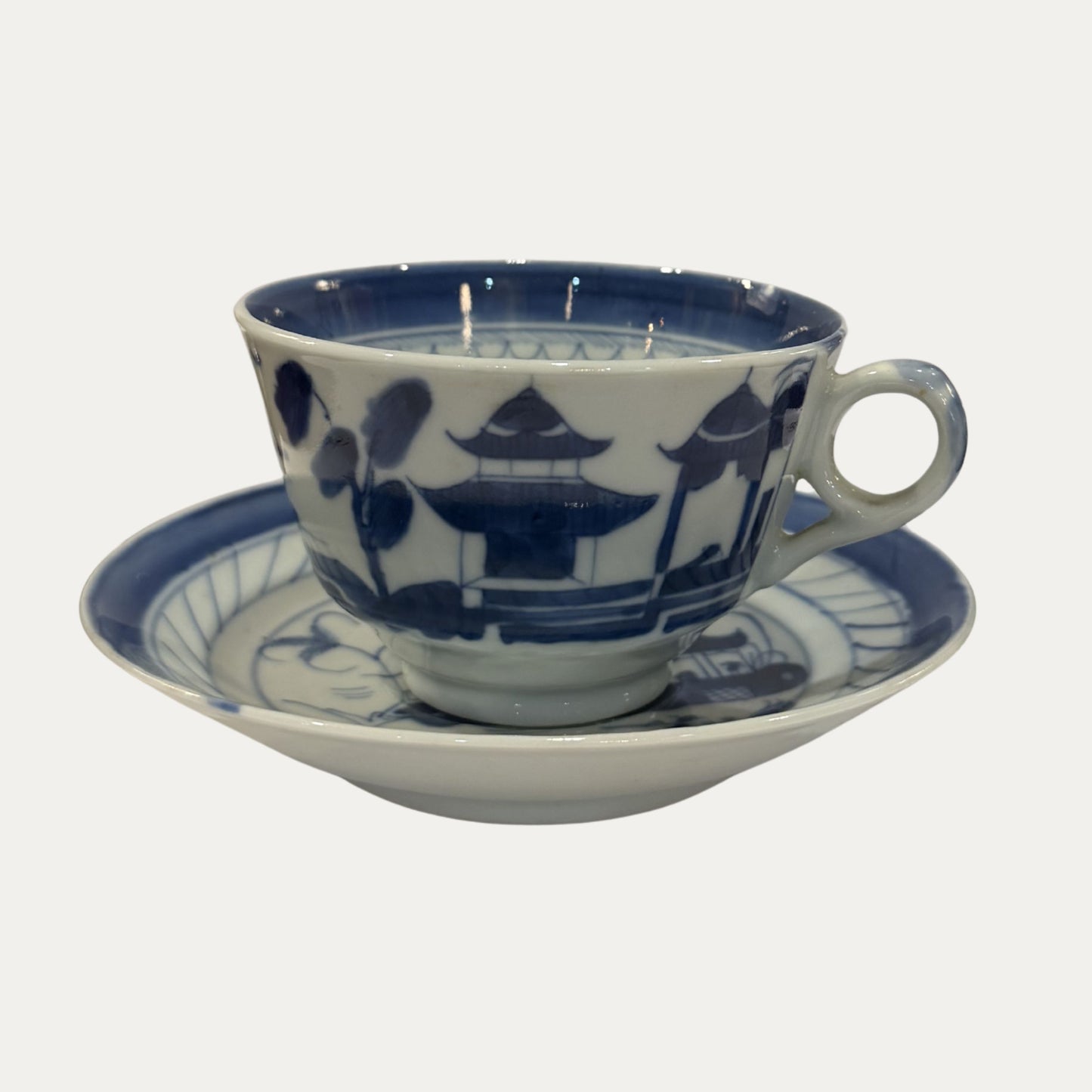 Antique Canton 19th Century Blue/White Pagoda & Landscape Cup and Saucer