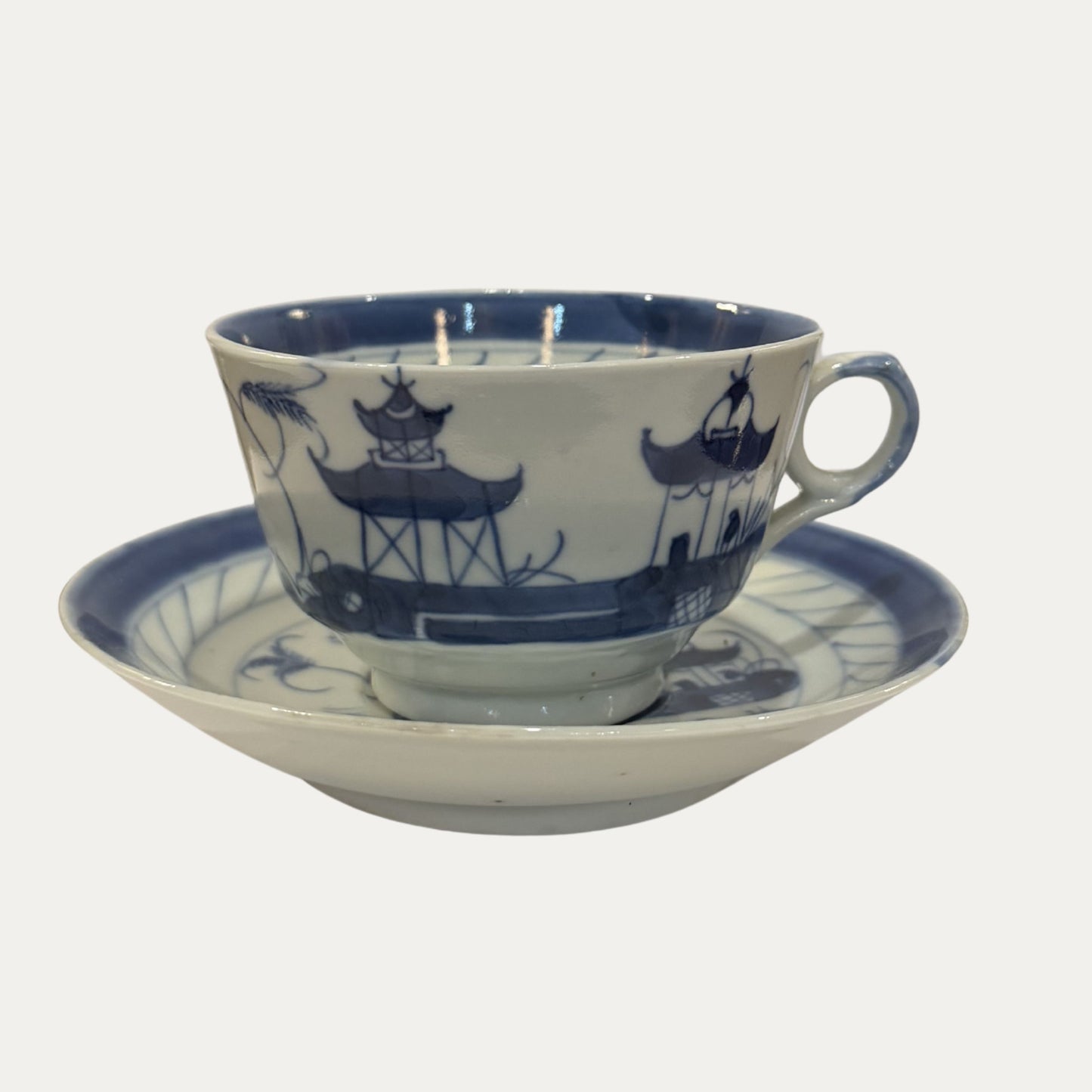 Antique Canton 19th Century Blue/White Pagoda & Landscape Cup and Saucer