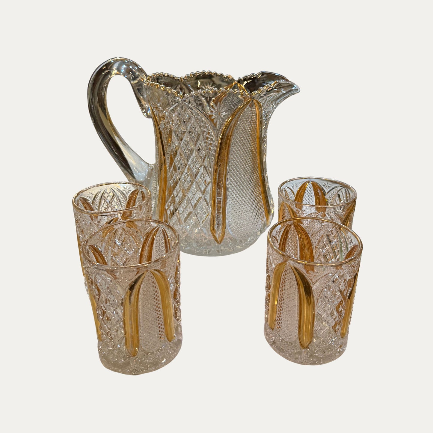 Early 20th Century Gilt Glass Juice/Ice Tea Set Pitcher and 4 Glasses