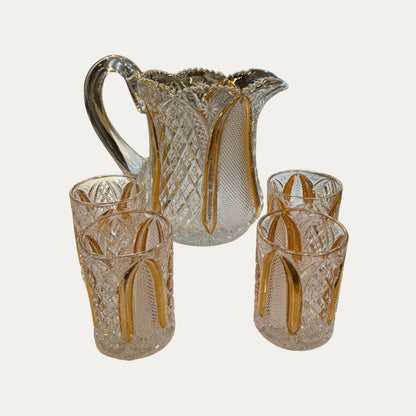 Early 20th Century Gilt Glass Juice/Ice Tea Set Pitcher and 4 Glasses
