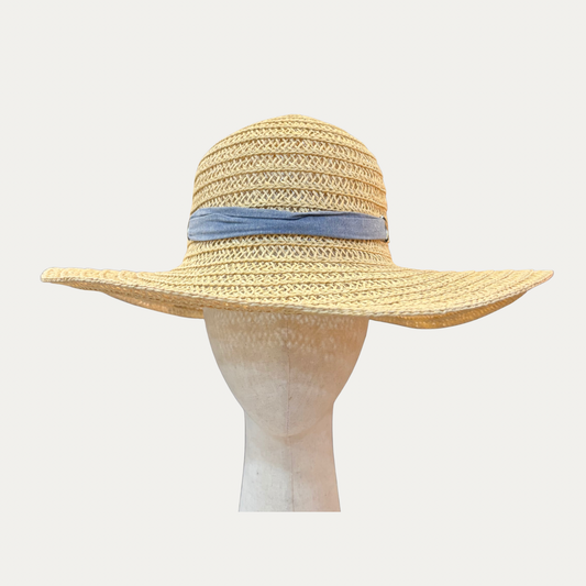Rafia Hat With Blue Linen Adjustable Ribbon