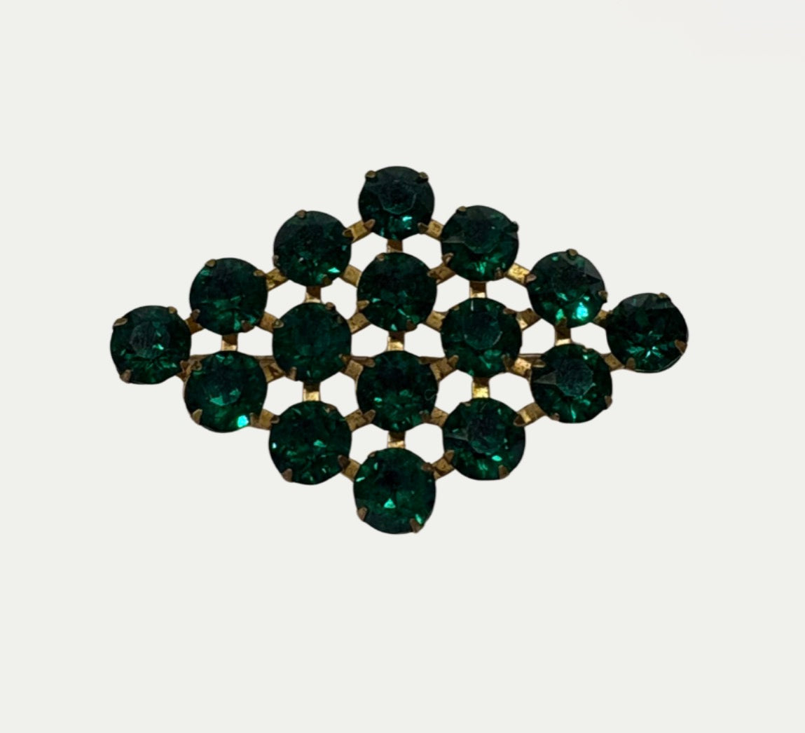 Vintage Mid Century Green Rhinestone & Brass Brooch