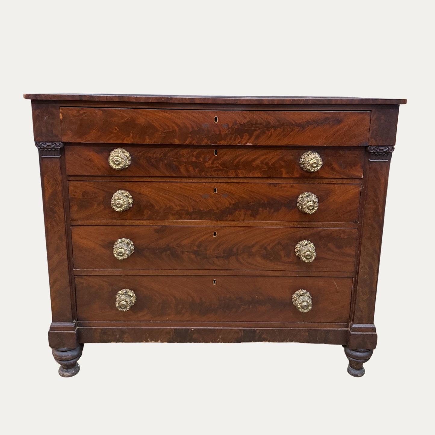 Early American Mahogany 19th Century Empire Chest with Very Ornate Decorative Knobs