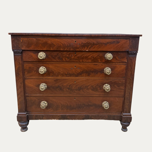 Early American Mahogany 19th Century Empire Chest with Very Ornate Decorative Knobs