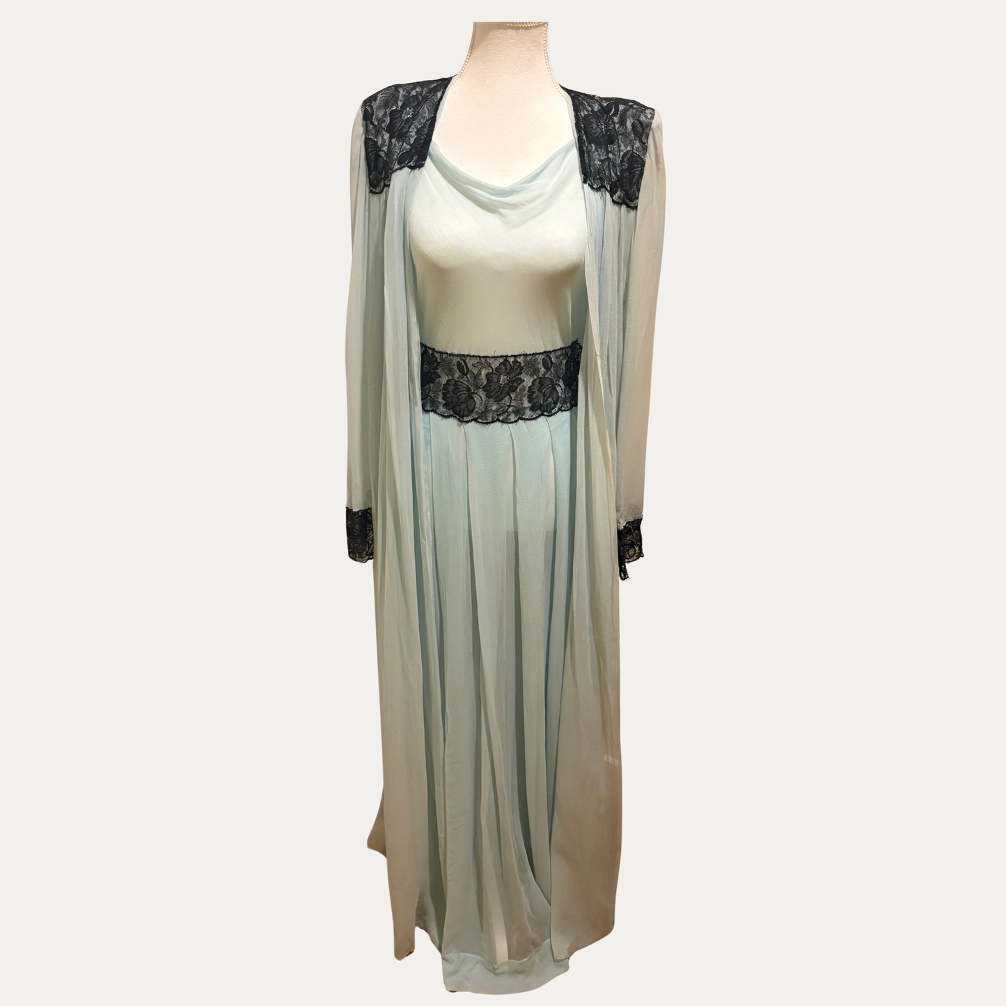 Vintage 1980s Silk Chiffon Nightgown and Robe Set (Size XS)