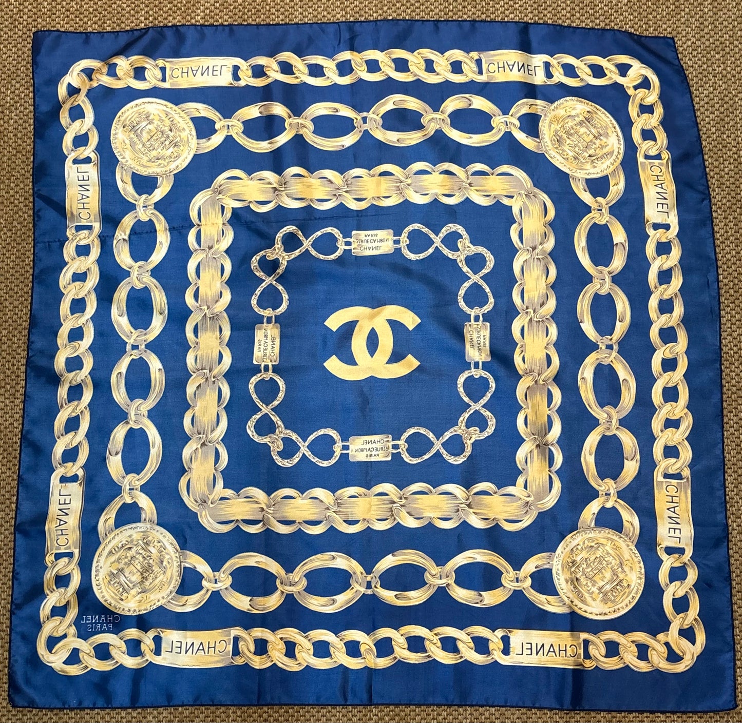 Vintage 1990s Chanel Navy Silk Scarf