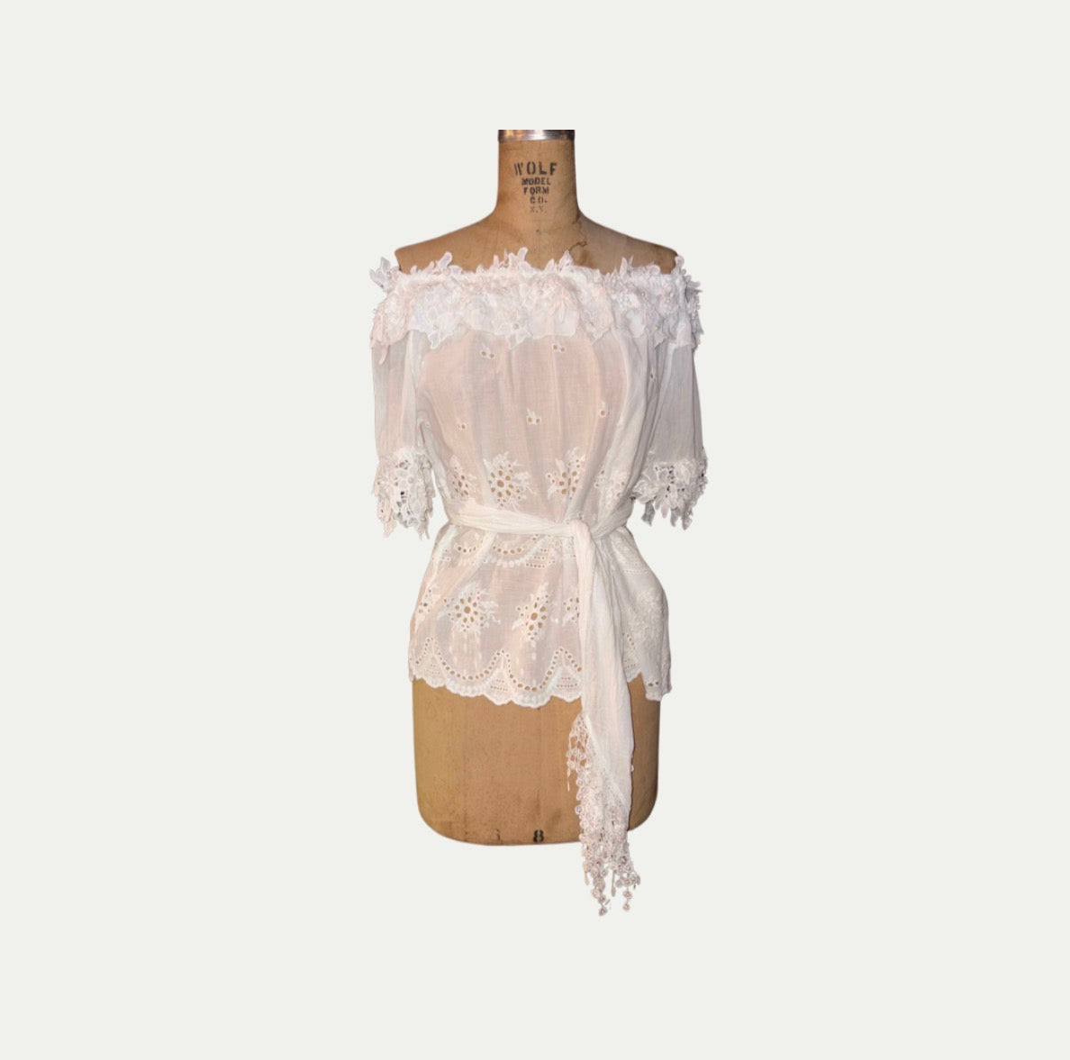 White Floral Linen Blouse With Pearls (Size M)