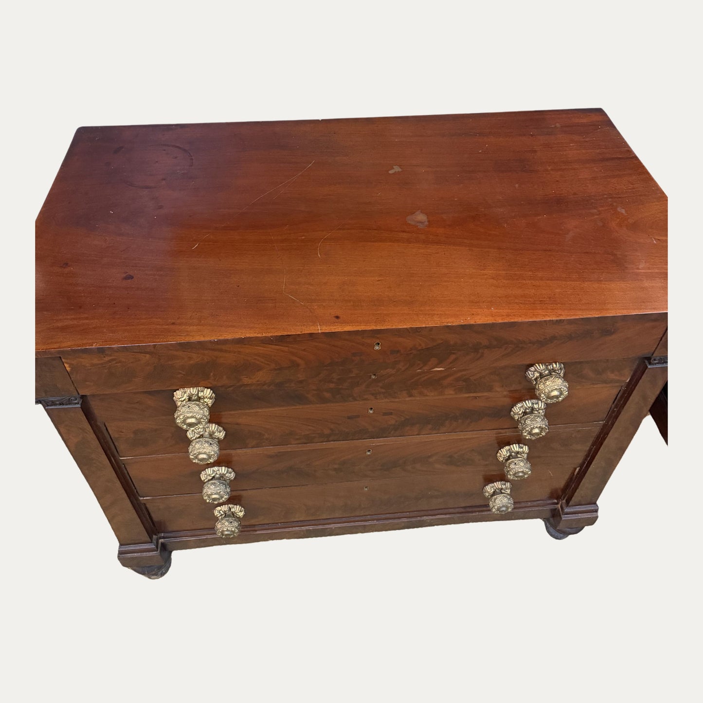 Early American Mahogany 19th Century Empire Chest with Very Ornate Decorative Knobs