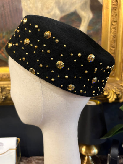 Vintage Frank Olive Black Studded Pillbox Hat