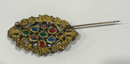Antique 1920s Rainbow Glass Flower Edged Diamond Brooch
