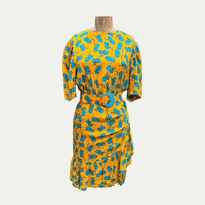 Givenchy Blue And Yellow Cherry Silk Dress (Size S)