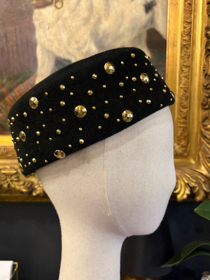 Vintage Frank Olive Black Studded Pillbox Hat