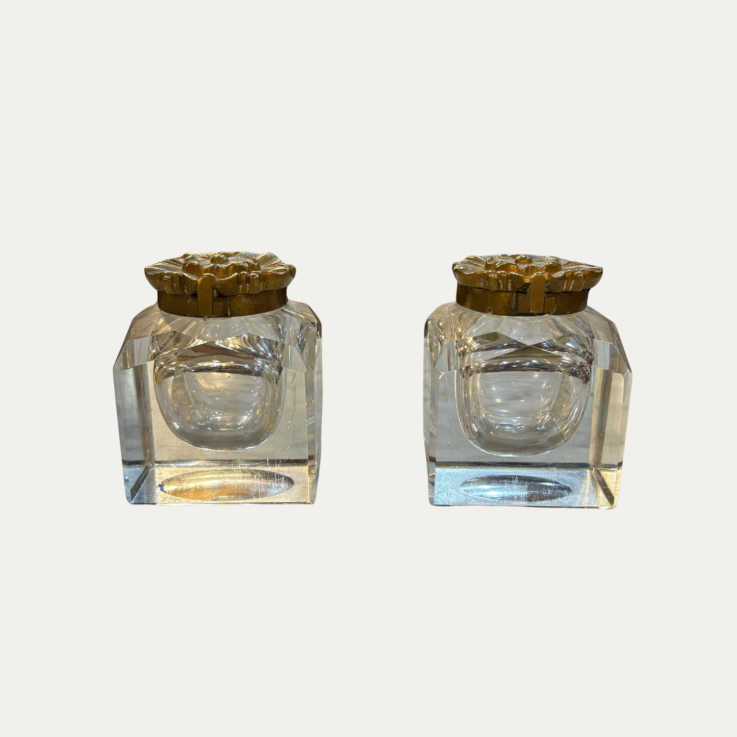 Antique Cut Glass Inkwells With Ormolu Lids
