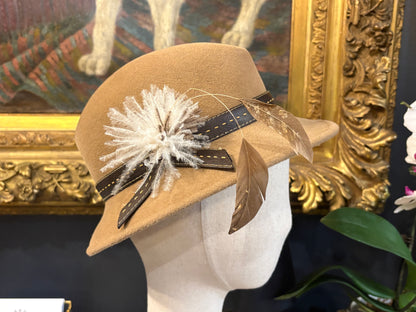 Vintage Caramel Felt Hat With Pheasant Feathers