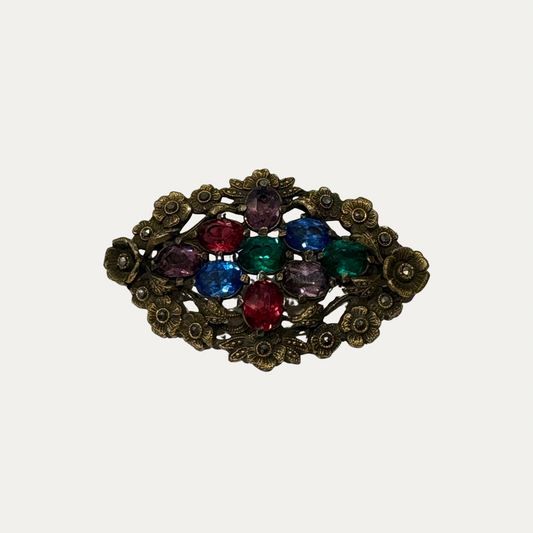Antique 1920s Rainbow Glass Flower Edged Diamond Brooch