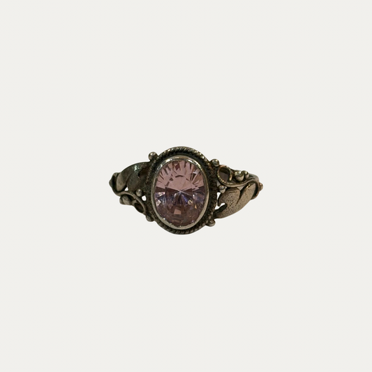 Vintage Sterling Silver And Pink Crystal Ring (Size 5)