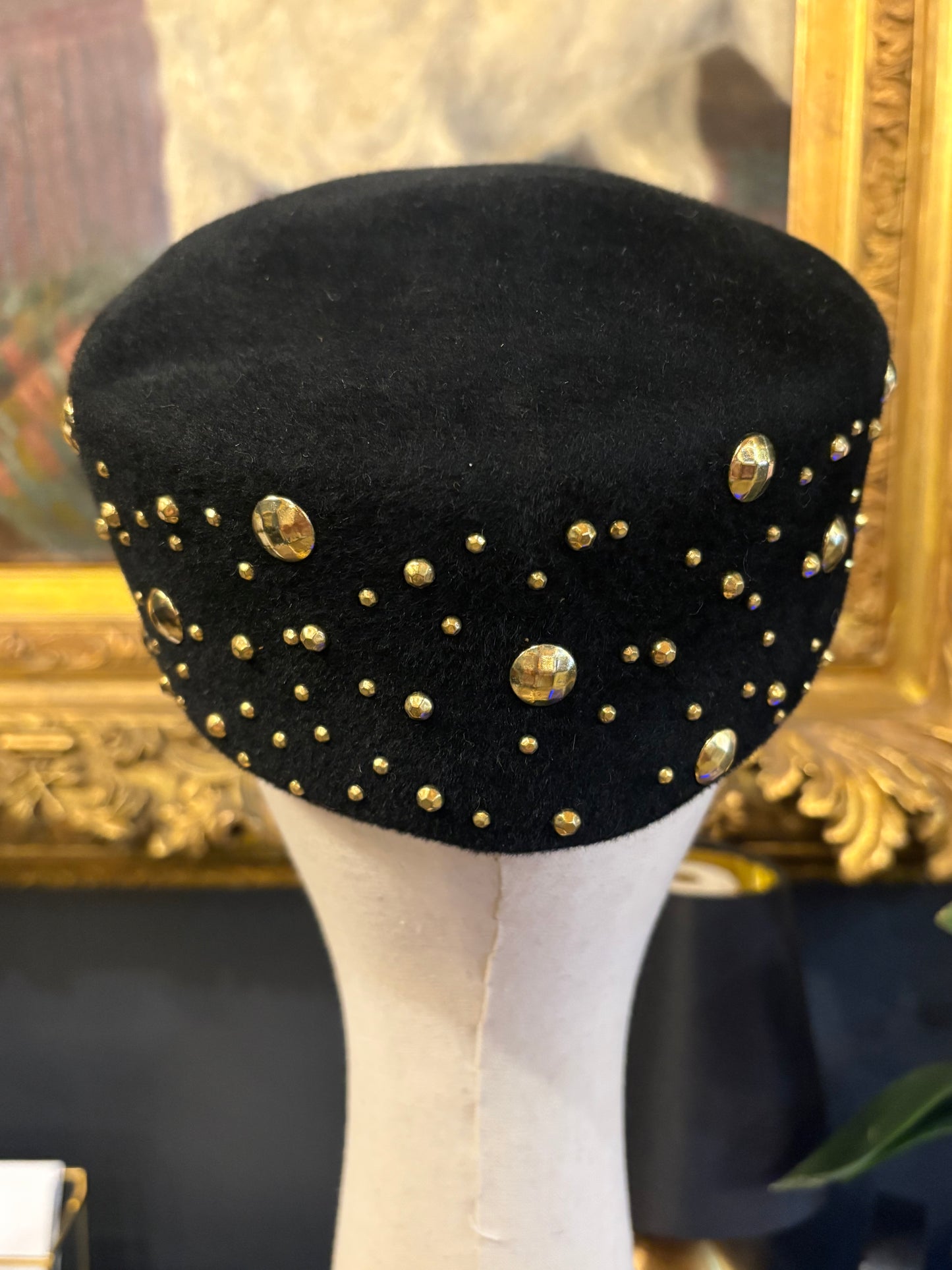 Vintage Frank Olive Black Studded Pillbox Hat