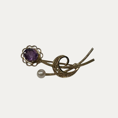 Sterling Silver And Amethyst Flower Brooch