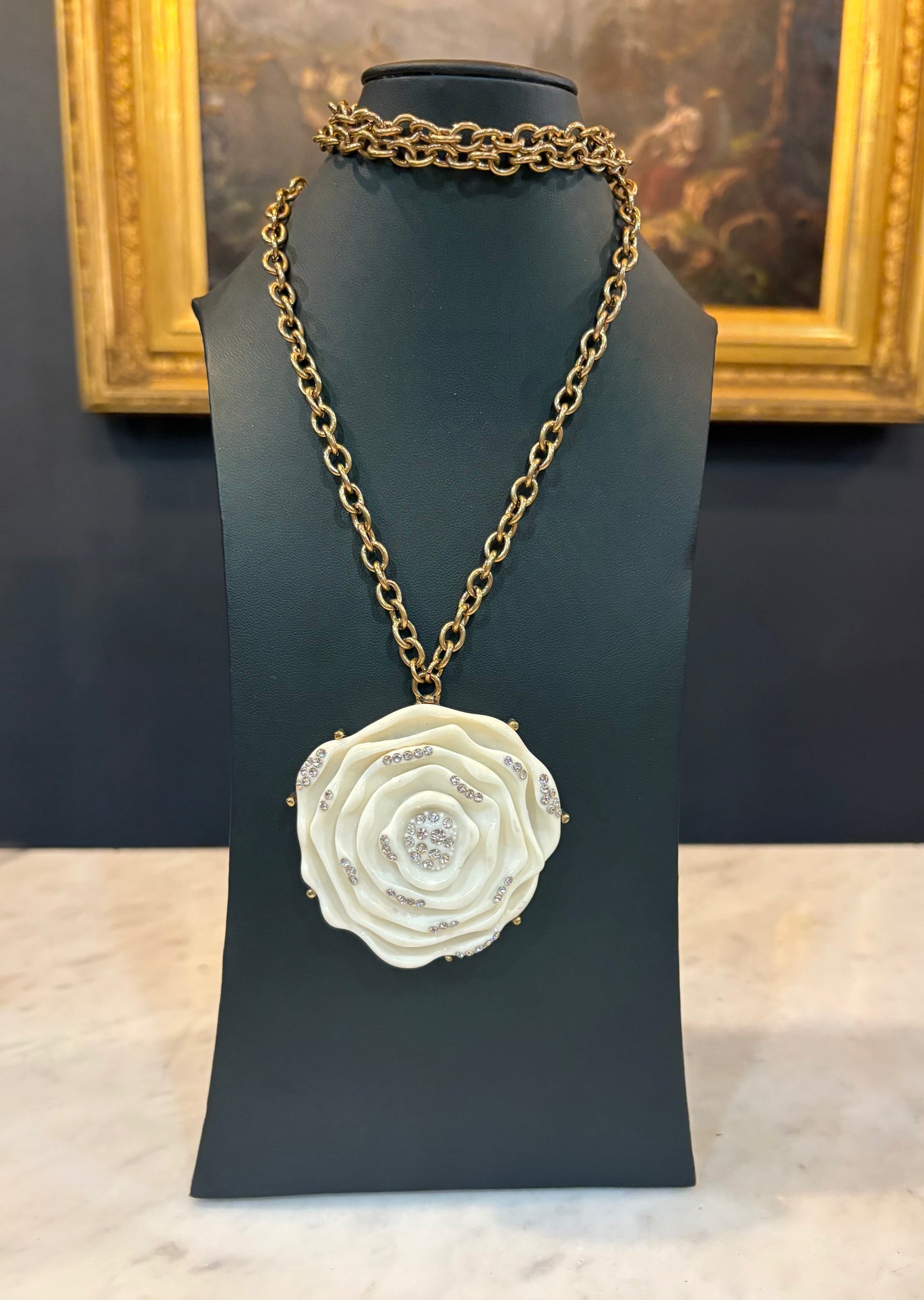 Oscar De La Renta Rhinestone Camellia Statement Necklace