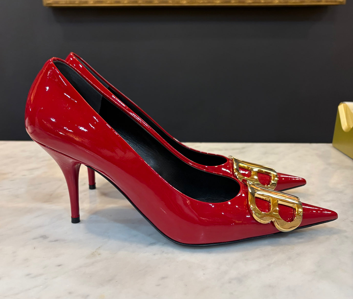 Balenciaga Red Patent Leather Logo Pumps (Size 8)