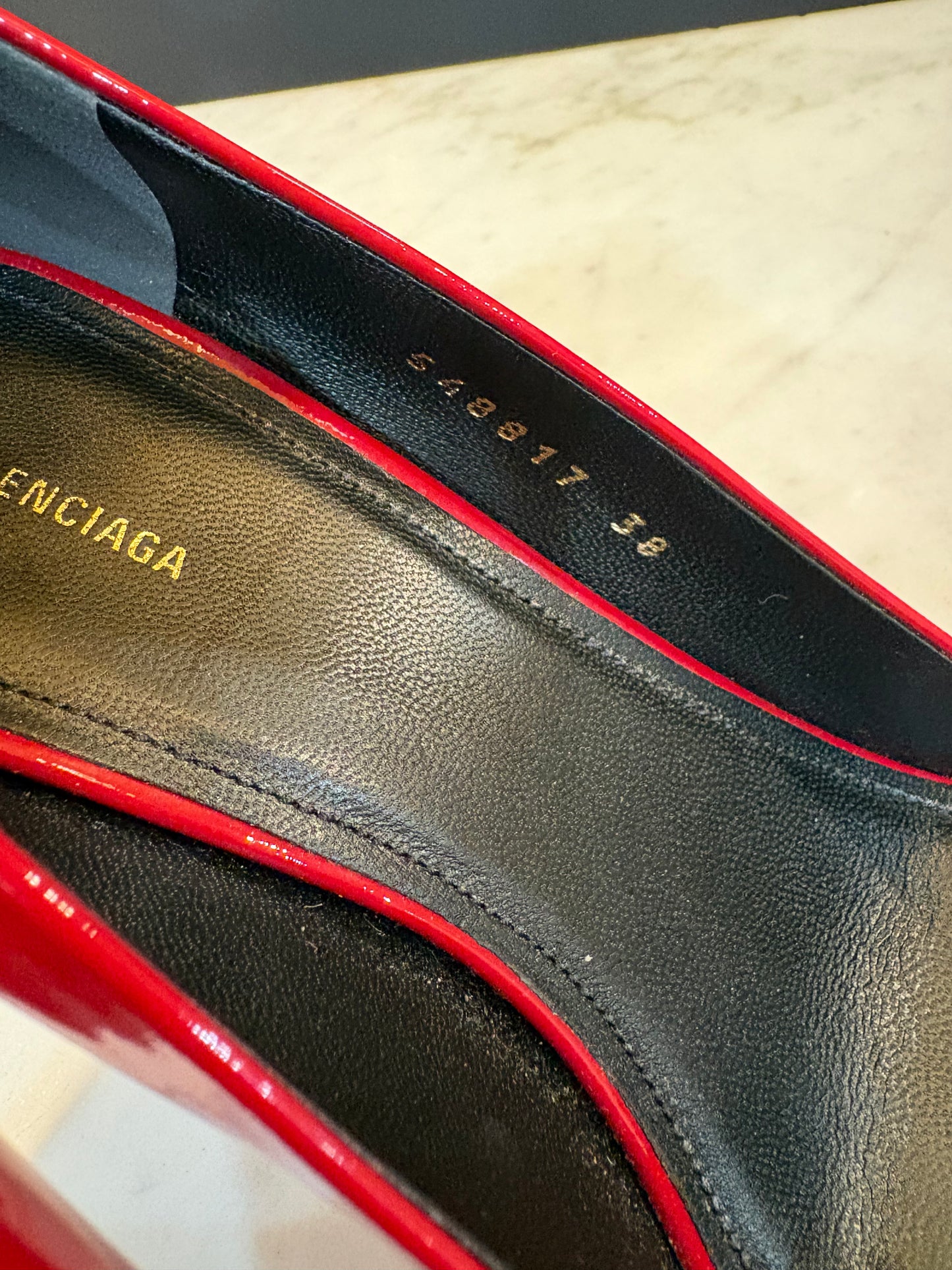 Balenciaga Red Patent Leather Logo Pumps (Size 8)