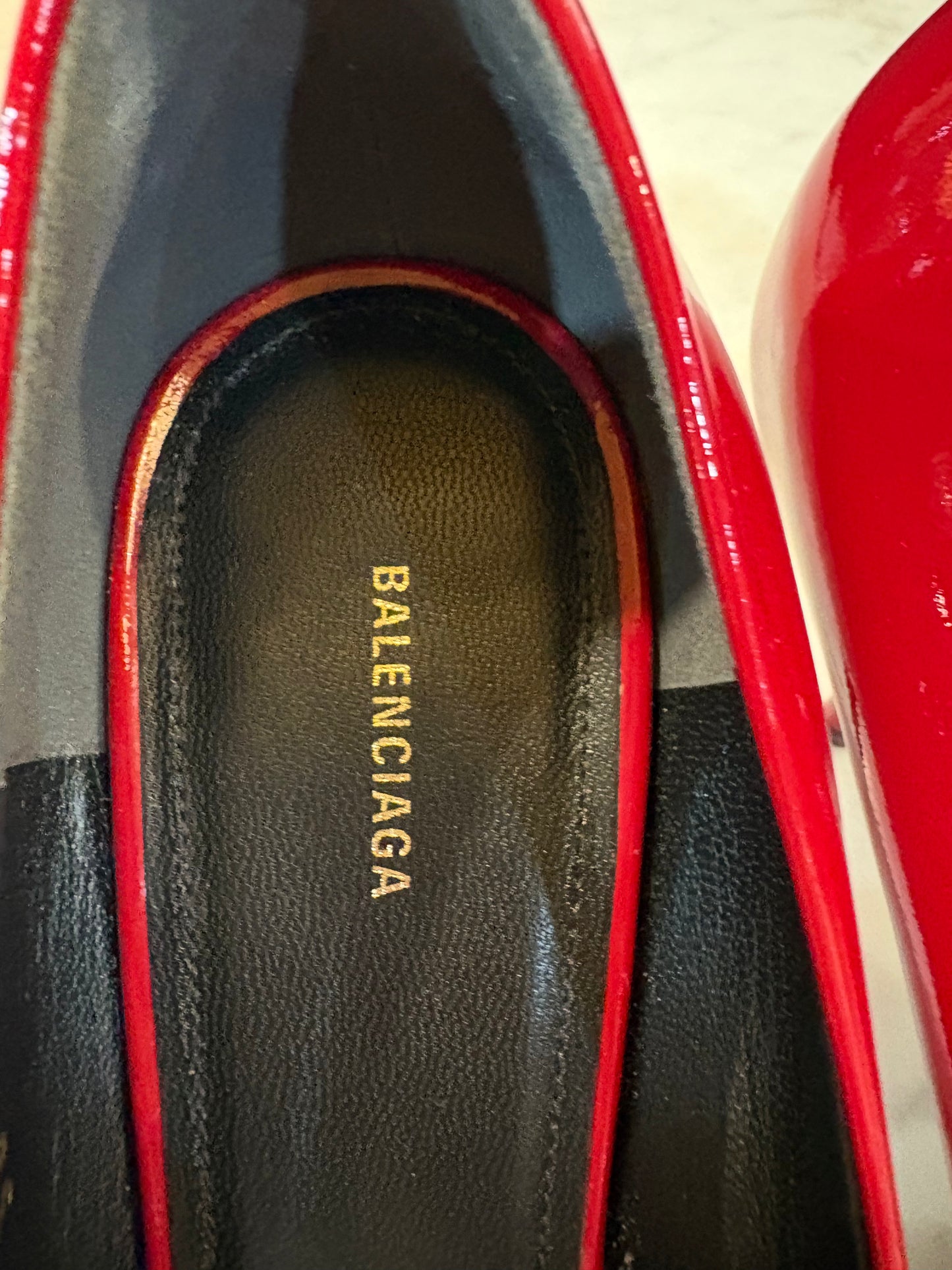 Balenciaga Red Patent Leather Logo Pumps (Size 8)