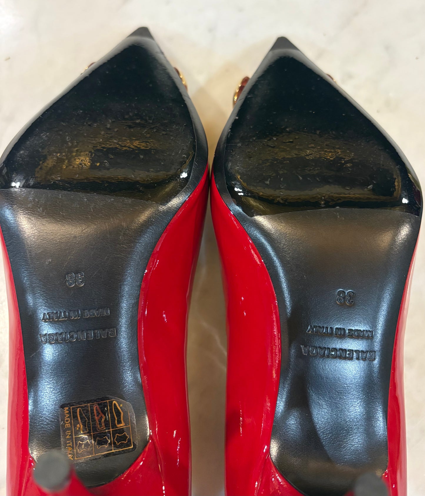 Balenciaga Red Patent Leather Logo Pumps (Size 8)
