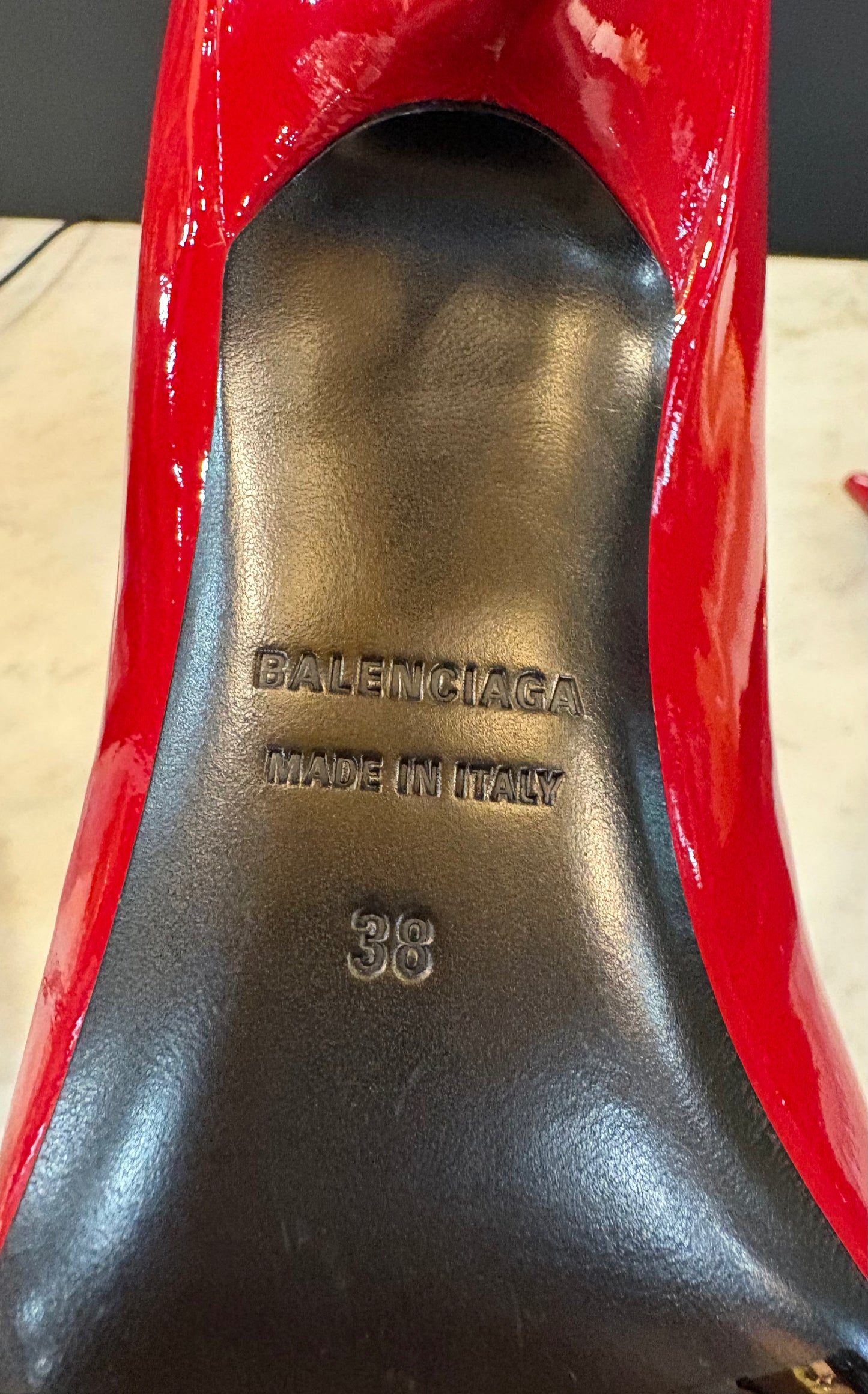 Balenciaga Red Patent Leather Logo Pumps (Size 8)