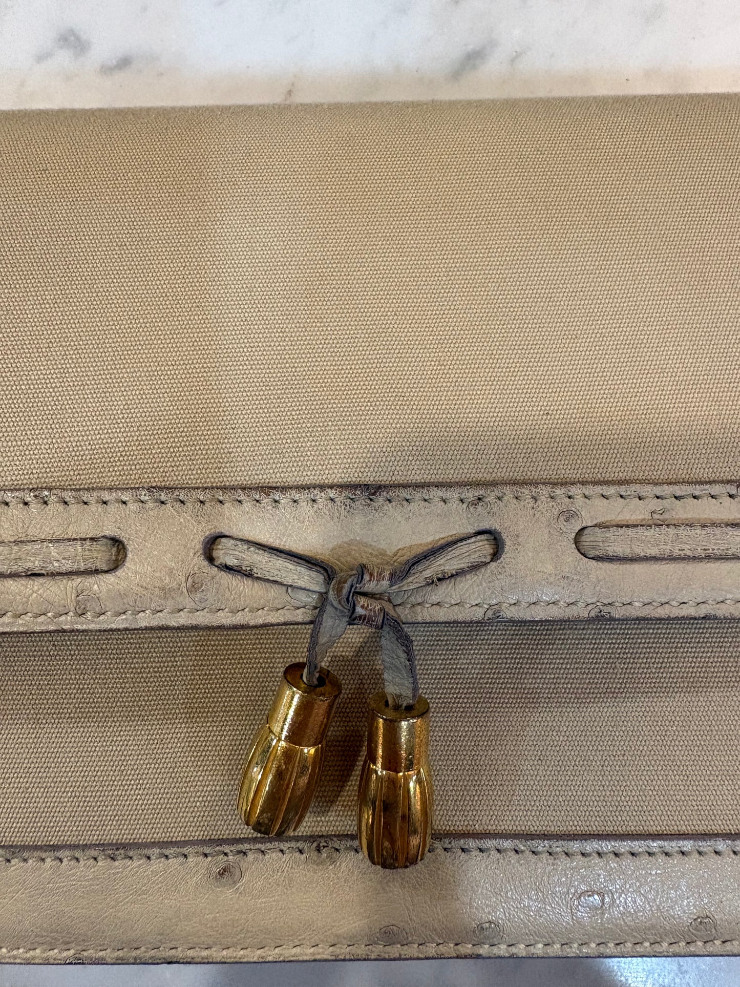 Hermes "2way" Ostrich Leather And Linen Clutch/Shoulder Bag