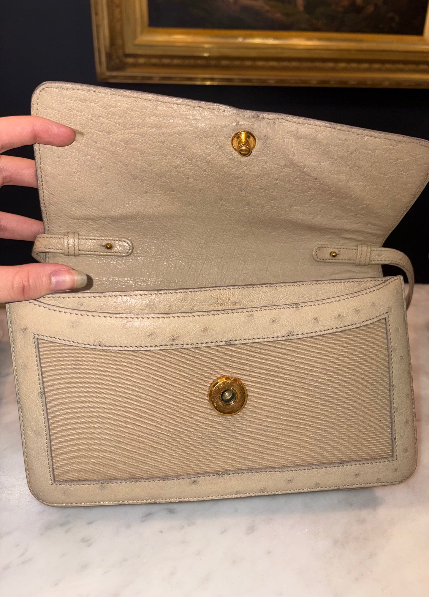 Hermes "2way" Ostrich Leather And Linen Clutch/Shoulder Bag