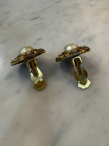 Vintage Shield Rhinestone And Crystal Clip Earrings