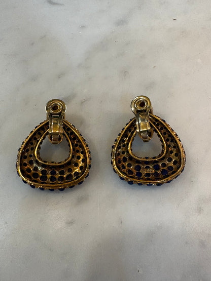 Vintage 18k Gold And Lapis Lazuli Triangle Clip Earrings