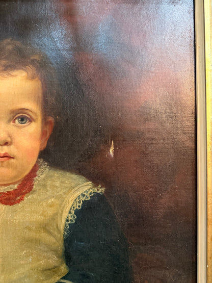 Early 19th Century Little Girl with Doll in Original Gilt Frame