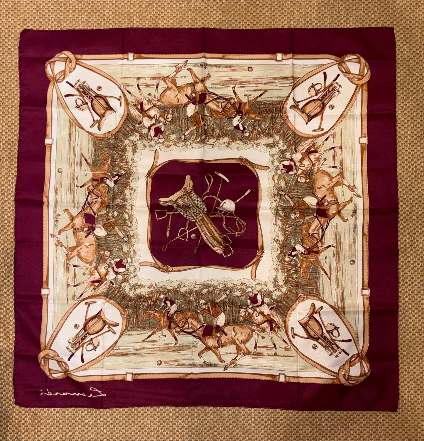 Vintage Leonard Paris Burgundy Polo Print 90cm Silk Scarf