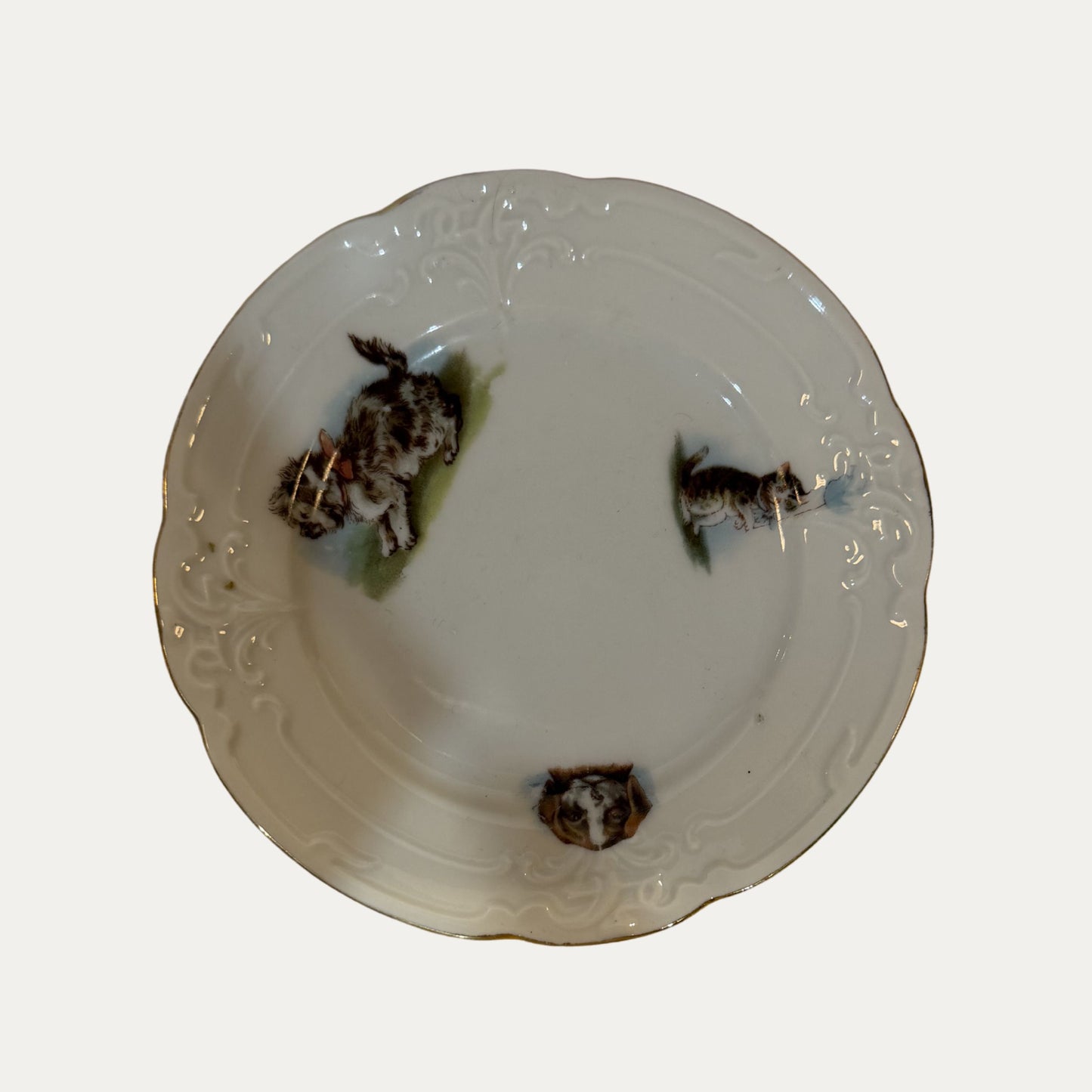 Antique Dessert Plates Cat/Dog Set of Four (4)