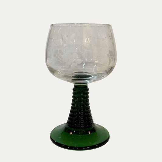 1940's Green Glass Etched Wine Glasses Set of Six (6)