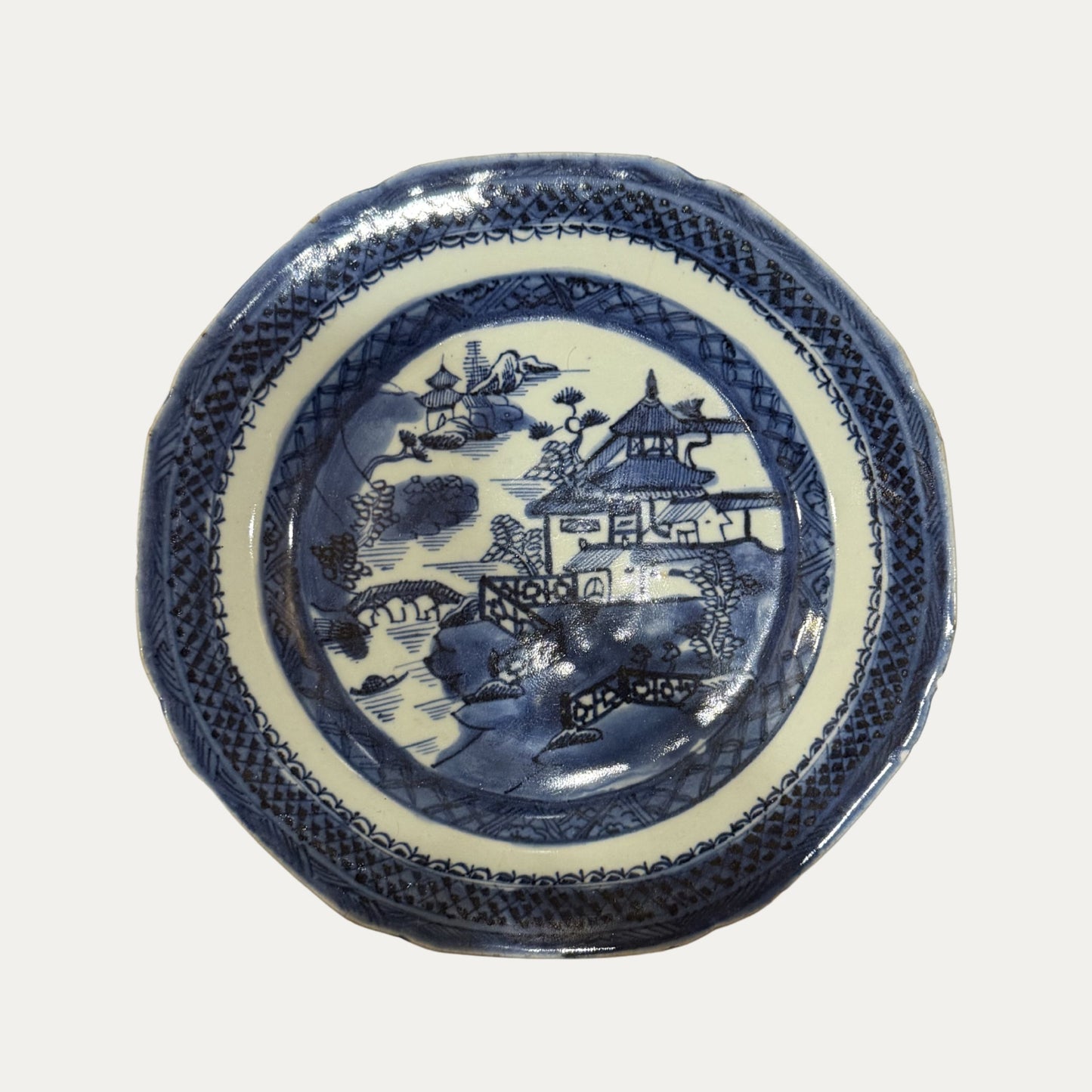 Antique Canton 19th Century Blue/White Pagoda & Landscape Small Plate