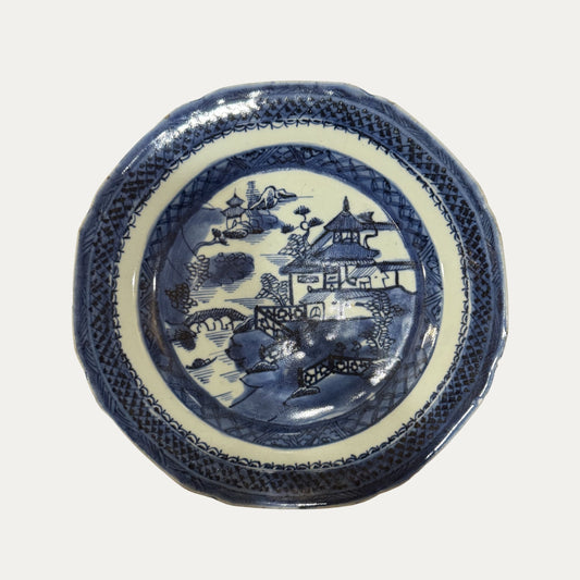 Antique Canton 19th Century Blue/White Pagoda & Landscape Small Plate