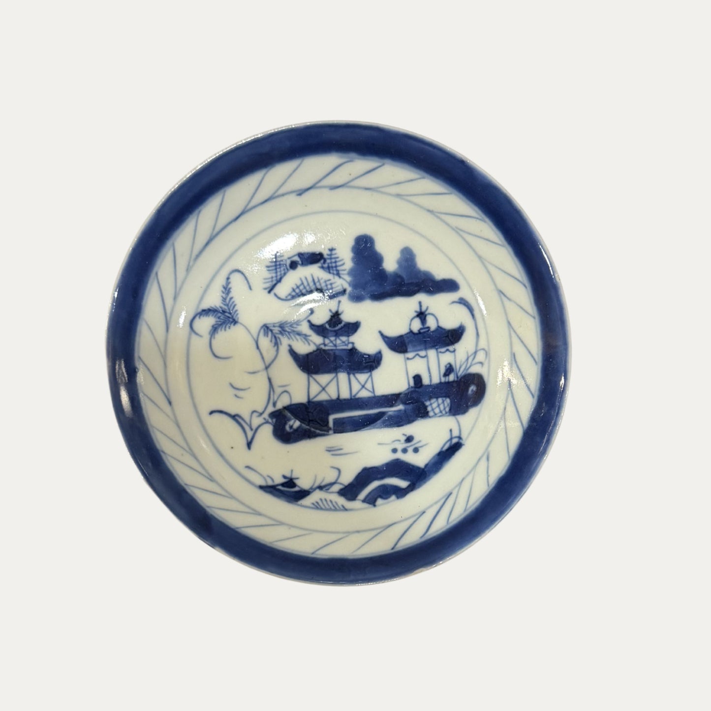 Antique Canton 19th Century Blue/White Pagoda & Landscape Saucer/Plate