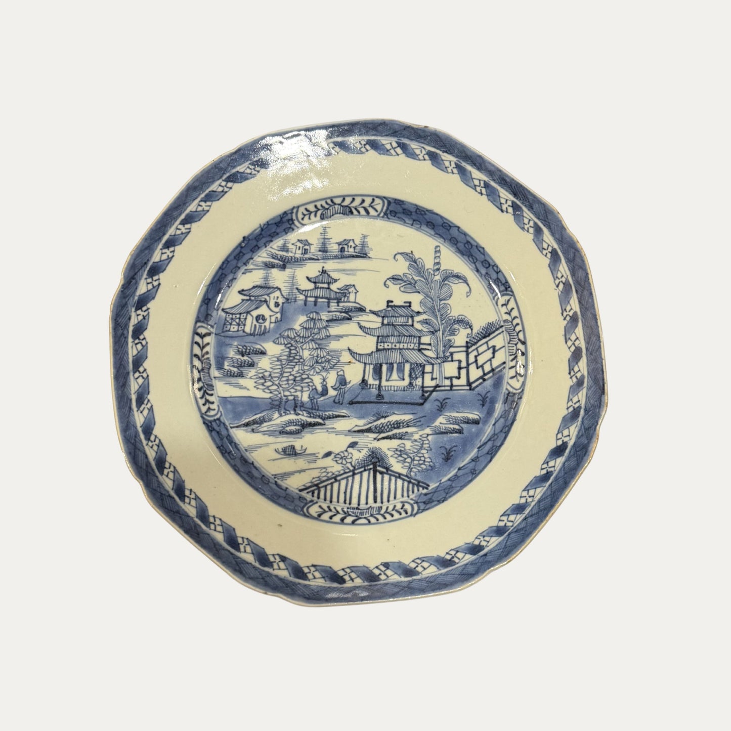 Antique Canton 19th Century Blue/White Pagoda & Landscape Lunch Plate
